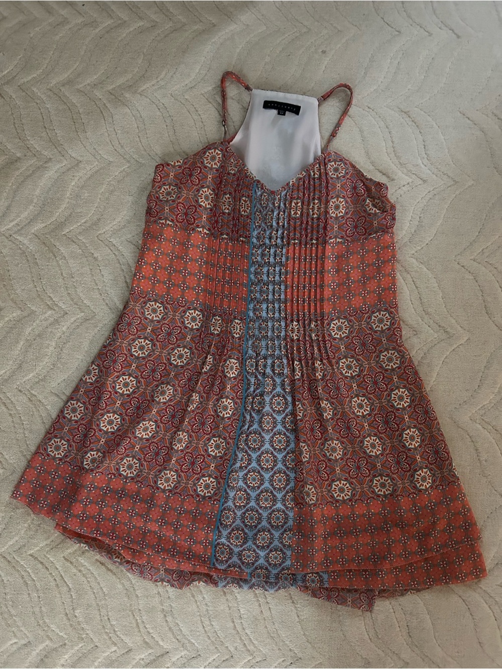 Sanctuary Red-Orange Floral Mini Dress with Blue Panel